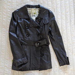Dark Brown Leather Jacket, Soia & Kyo with Belt, Zip Pockets, Lined, Size M